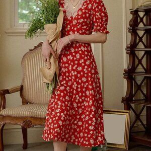 SIMPLE RETRO RED AND WHITE PATTERNED ELEGANT AND FEMININE MIDI DRESS